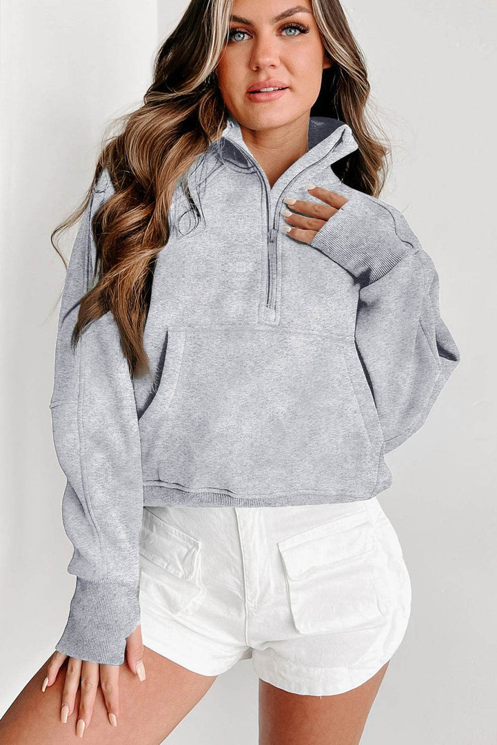 Valerian Quarter Zip Stand Neck Kangaroo Pocket Sweatshirt - Fashion Queen -  6