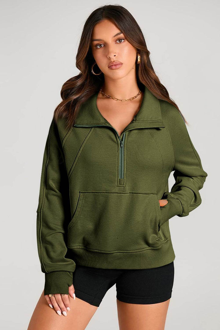 Valerian Quarter Zip Stand Neck Kangaroo Pocket Sweatshirt - Fashion Queen -  9