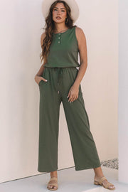 Vineyard Green Buttoned Drawstring Waist Sleeveless Wide Leg Jumpsuit - Fashion Queen -  1