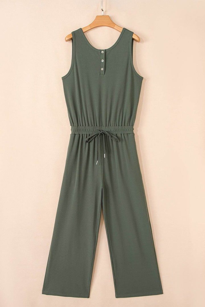 Vineyard Green Buttoned Drawstring Waist Sleeveless Wide Leg Jumpsuit - Fashion Queen -  15