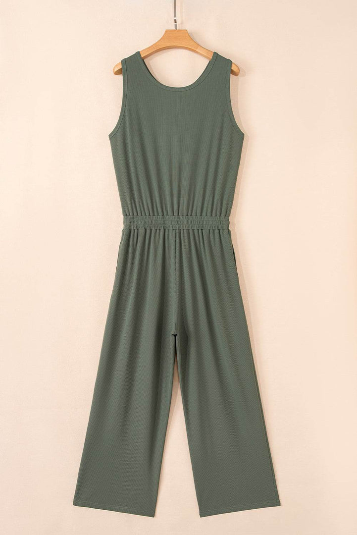 Vineyard Green Buttoned Drawstring Waist Sleeveless Wide Leg Jumpsuit - Fashion Queen -  16