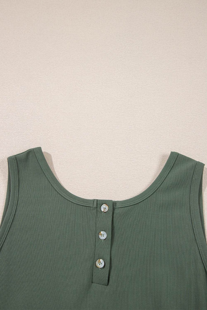 Vineyard Green Buttoned Drawstring Waist Sleeveless Wide Leg Jumpsuit - Fashion Queen -  17