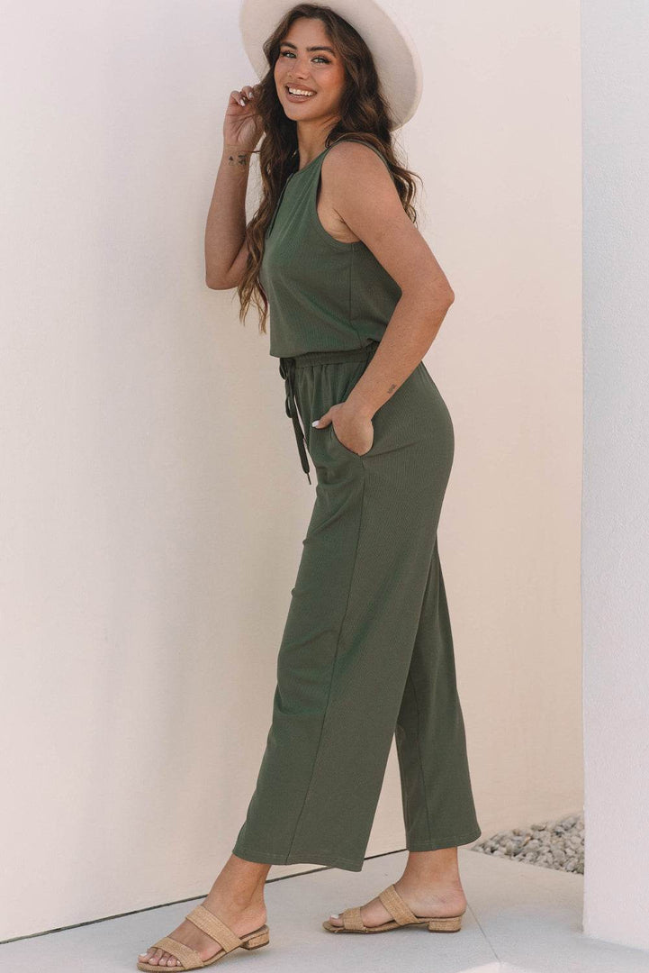 Vineyard Green Buttoned Drawstring Waist Sleeveless Wide Leg Jumpsuit - Fashion Queen -  4