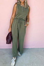 Load image into Gallery viewer, Vineyard Green Buttoned Drawstring Waist Sleeveless Wide Leg Jumpsuit - Fashion Queen -  8
