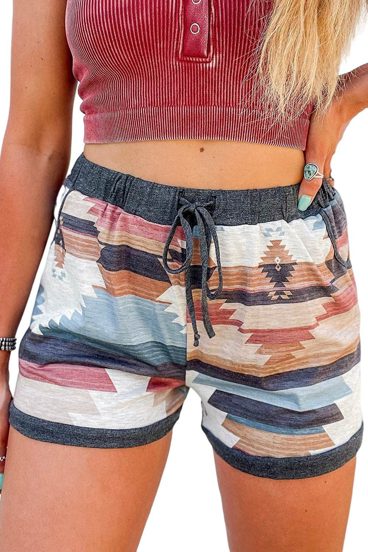 White Aztec Print Drawstring Waist Casual Shorts - Fashion Queen -  12