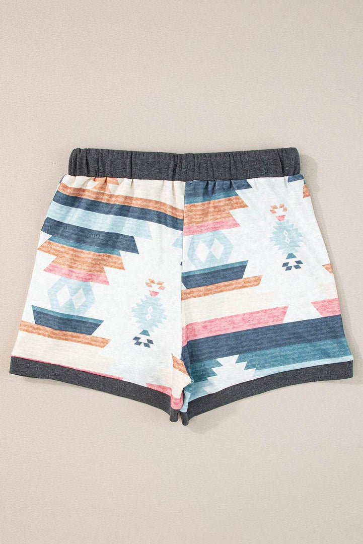 White Aztec Print Drawstring Waist Casual Shorts - Fashion Queen -  7