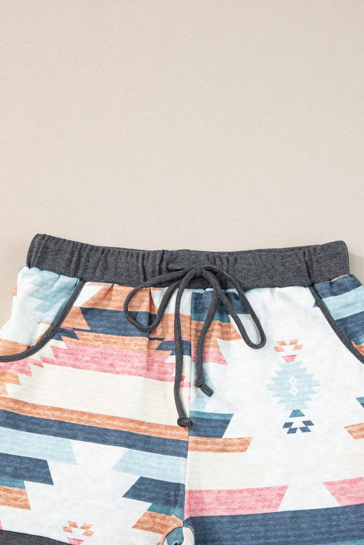 White Aztec Print Drawstring Waist Casual Shorts - Fashion Queen -  8