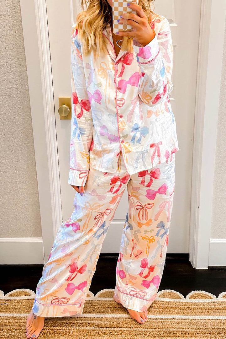 White Bow Knot Print Lapel Collar Wide Leg Satin Pajama Set - Fashion Queen -  1