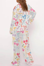 Load image into Gallery viewer, White Bow Knot Print Lapel Collar Wide Leg Satin Pajama Set - Fashion Queen -  2
