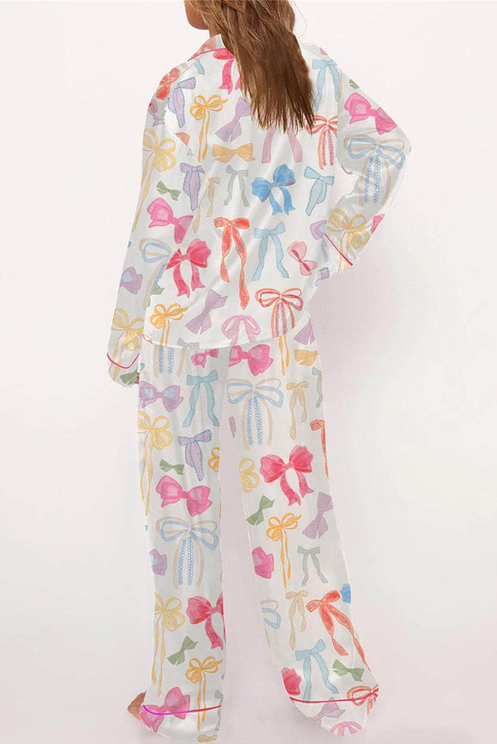 White Bow Knot Print Lapel Collar Wide Leg Satin Pajama Set - Fashion Queen -  2
