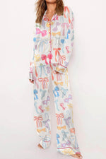Load image into Gallery viewer, White Bow Knot Print Lapel Collar Wide Leg Satin Pajama Set - Fashion Queen -  3
