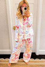 Load image into Gallery viewer, White Bow Knot Print Lapel Collar Wide Leg Satin Pajama Set - Fashion Queen -  4
