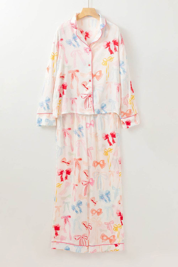 White Bow Knot Print Lapel Collar Wide Leg Satin Pajama Set - Fashion Queen -  5