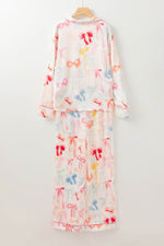 Load image into Gallery viewer, White Bow Knot Print Lapel Collar Wide Leg Satin Pajama Set - Fashion Queen -  6
