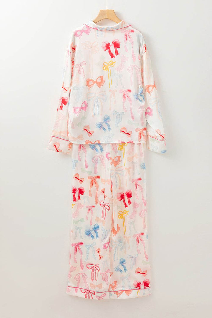 White Bow Knot Print Lapel Collar Wide Leg Satin Pajama Set - Fashion Queen -  6