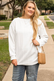 White Cable Textured Loose Plus Size Sweatshirt - Fashion Queen -  1