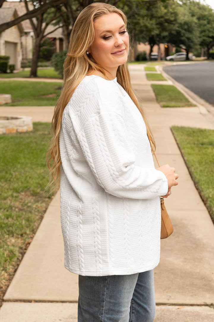 White Cable Textured Loose Plus Size Sweatshirt - Fashion Queen -  2