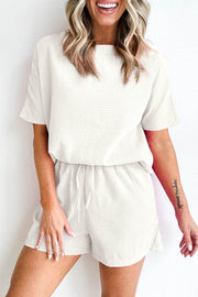 White Casual Textured Tee and Drawstring Shorts Set - Fashion Queen -  1