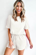 Load image into Gallery viewer, White Casual Textured Tee and Drawstring Shorts Set - Fashion Queen -  12
