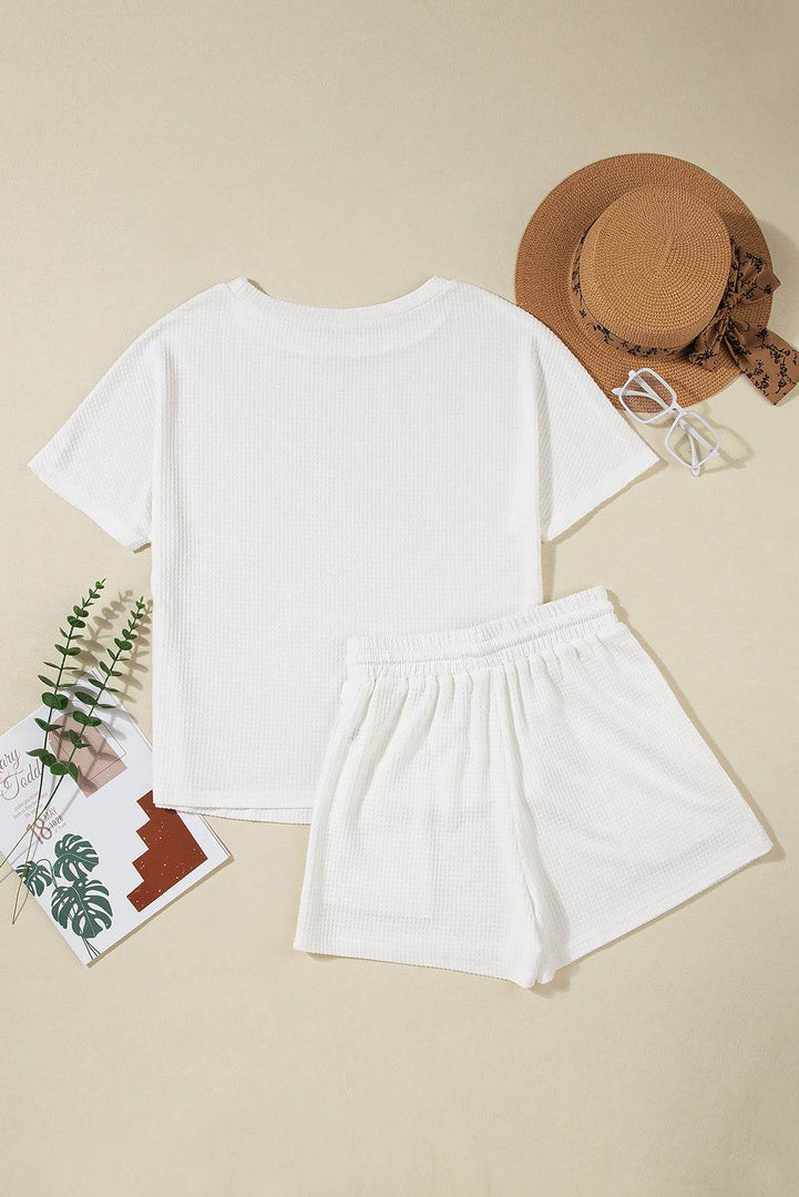 White Casual Textured Tee and Drawstring Shorts Set - Fashion Queen -  14