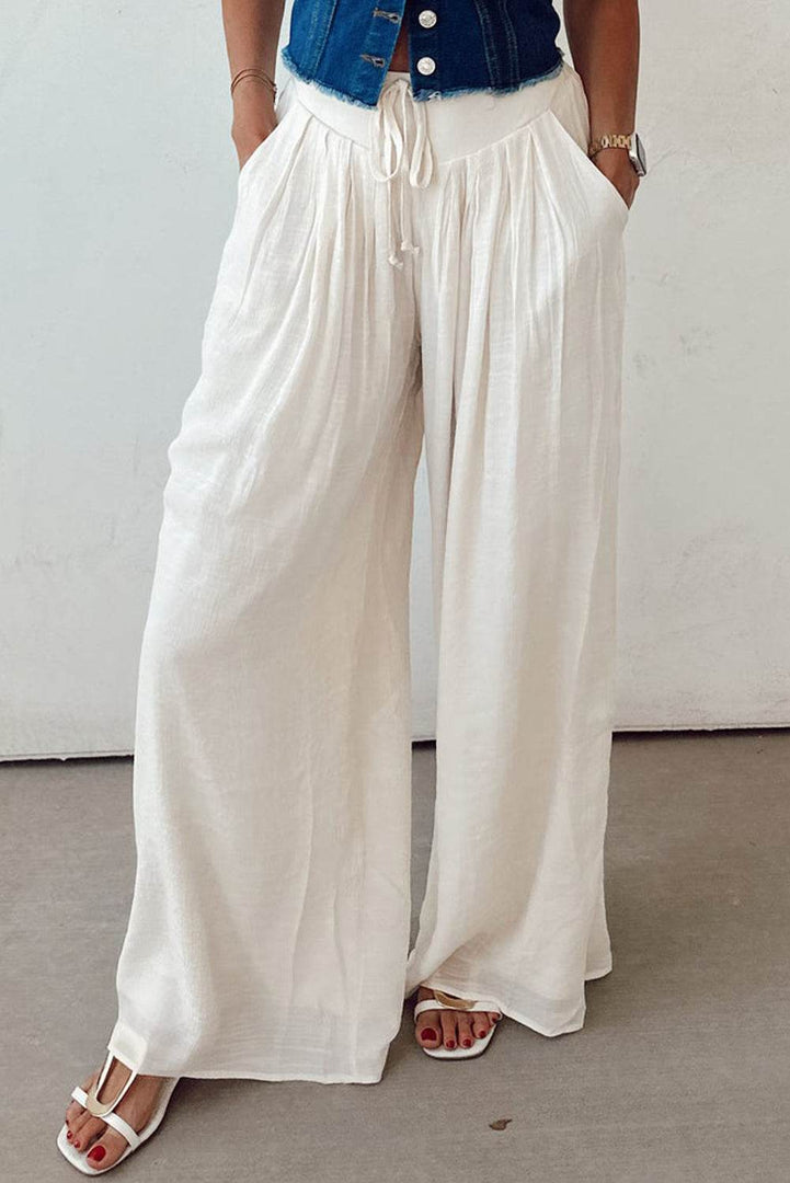 White Casual Tie Waist Pleated Wide Leg Pants - Fashion Queen -  11