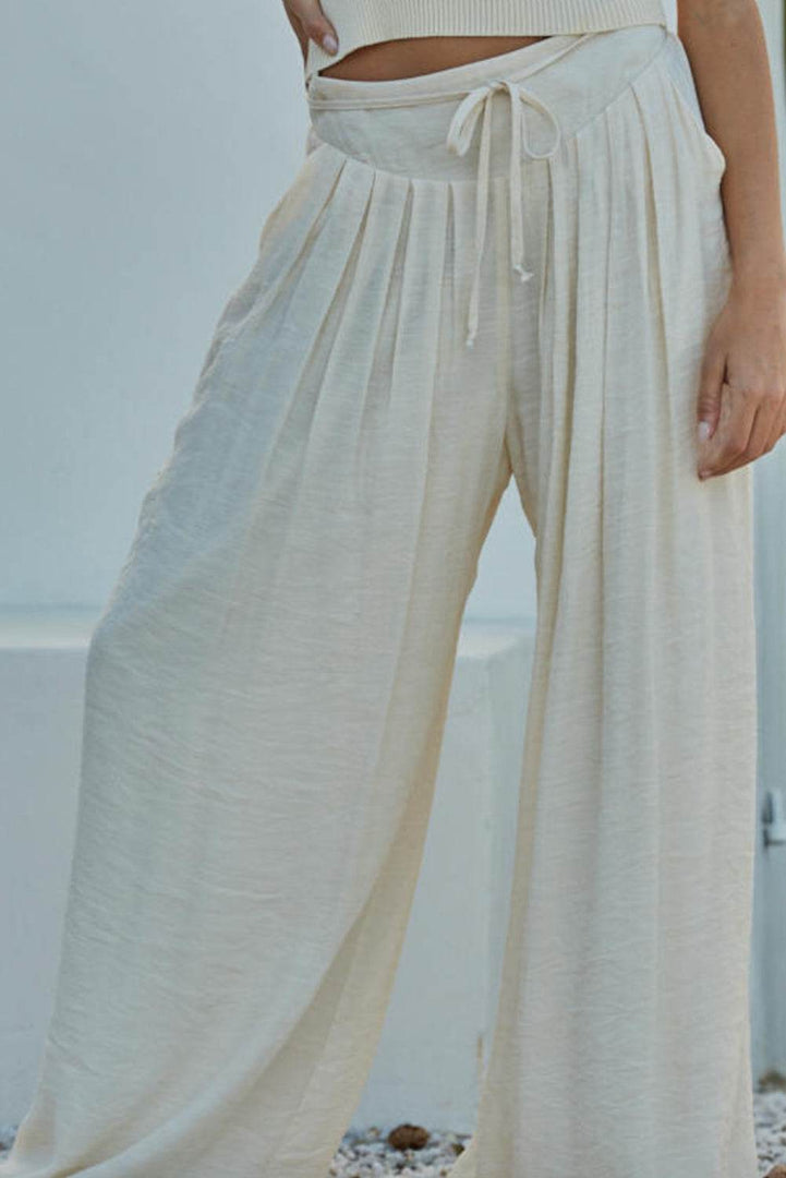 White Casual Tie Waist Pleated Wide Leg Pants - Fashion Queen -  13