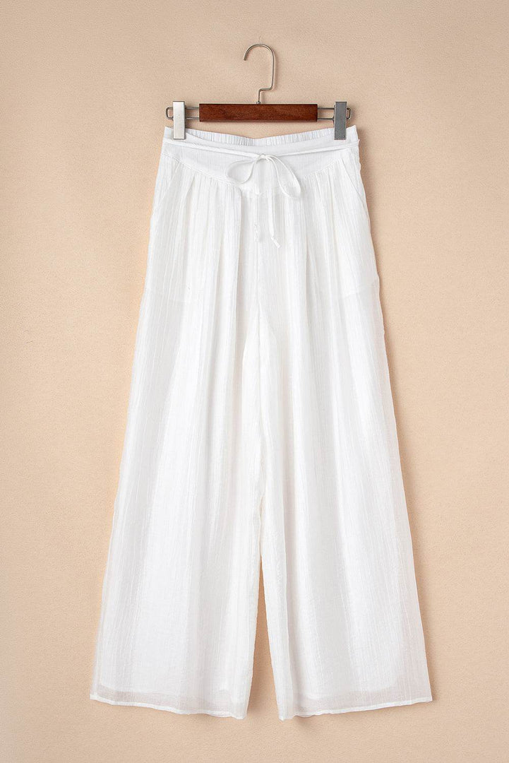 White Casual Tie Waist Pleated Wide Leg Pants - Fashion Queen -  14