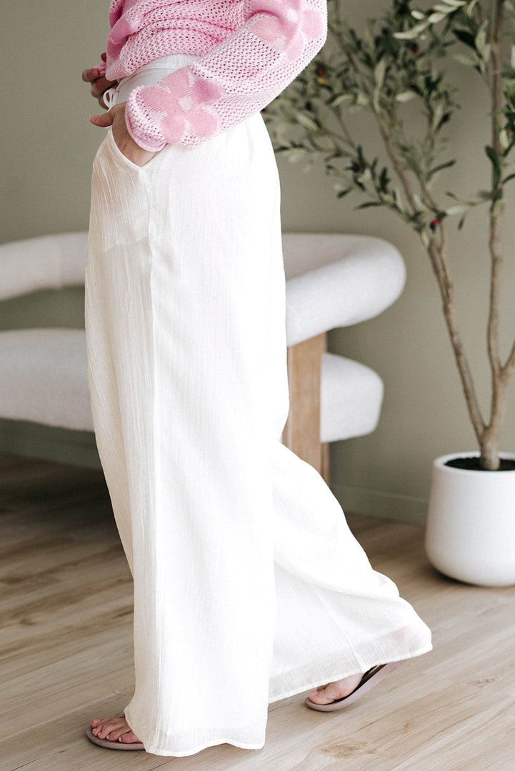 White Casual Tie Waist Pleated Wide Leg Pants - Fashion Queen -  3