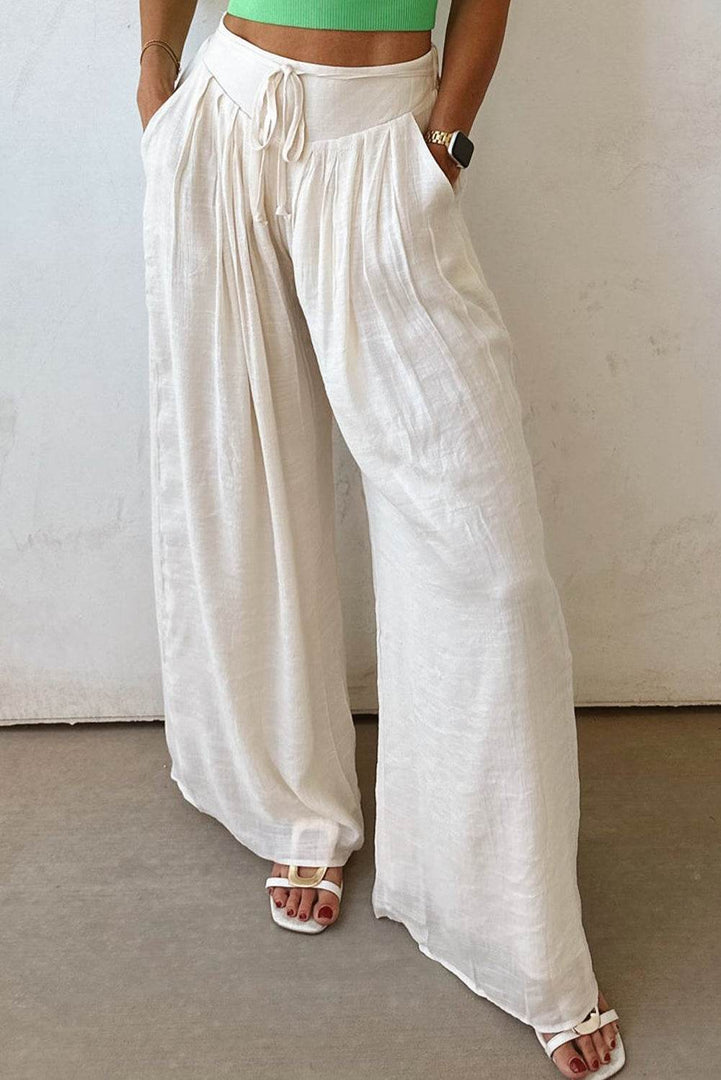 White Casual Tie Waist Pleated Wide Leg Pants - Fashion Queen -  7