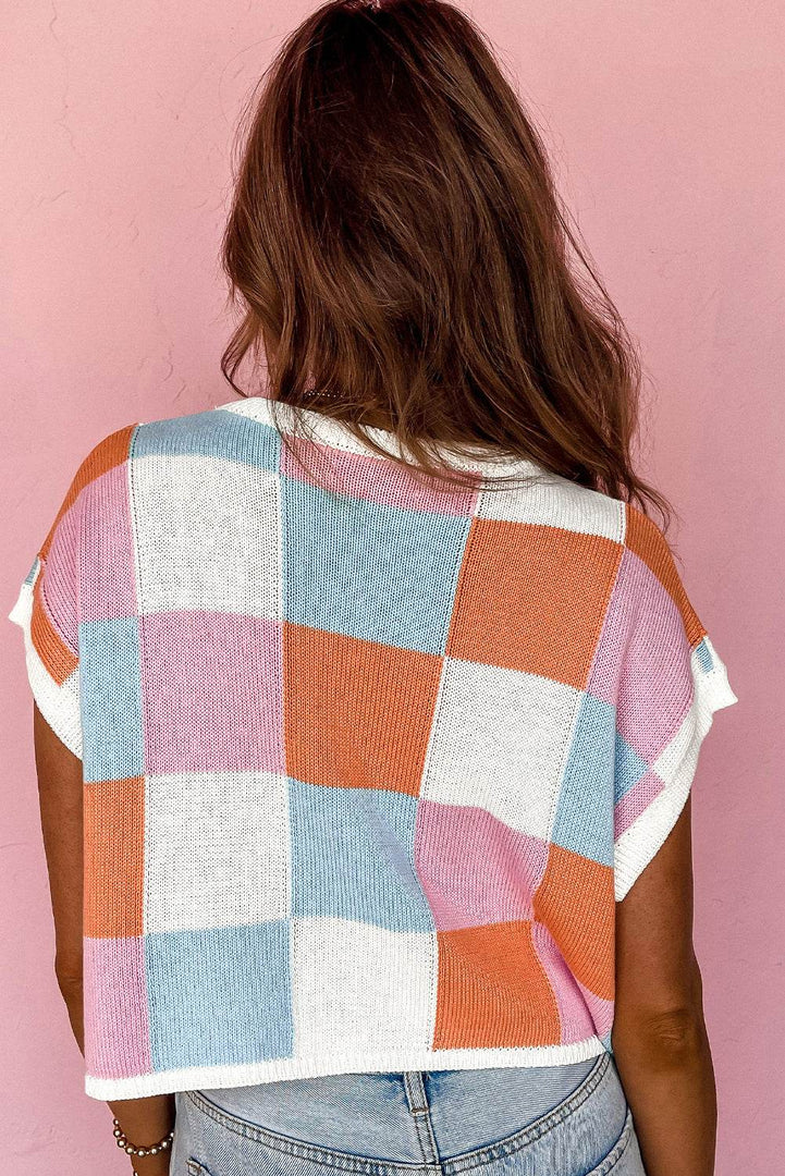 White Color Block Cap Sleeve Sweater - Fashion Queen -  11