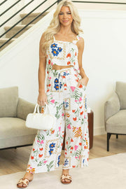 White Colorful Printed Square Neck Tank and Wide Leg Pants Set - Fashion Queen -  1