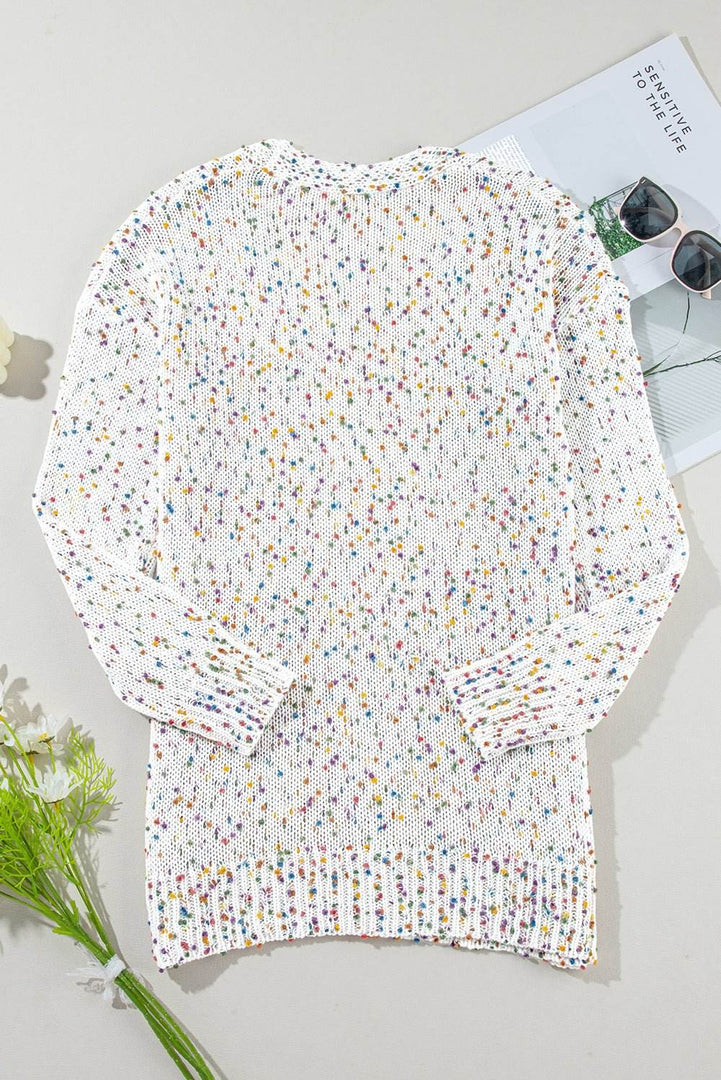 White Confetti Rib Knit Long Sleeve Cardigan - Fashion Queen -  14