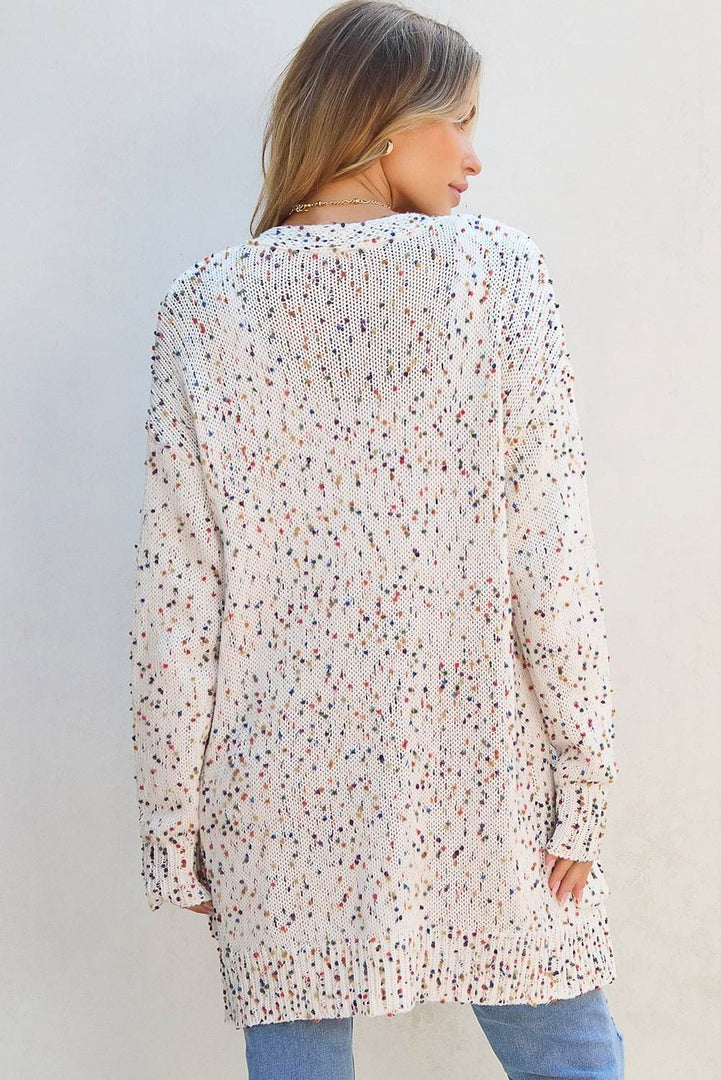 White Confetti Rib Knit Long Sleeve Cardigan - Fashion Queen -  7
