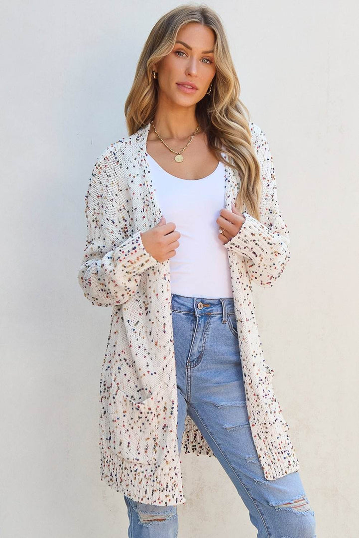 White Confetti Rib Knit Long Sleeve Cardigan - Fashion Queen -  9