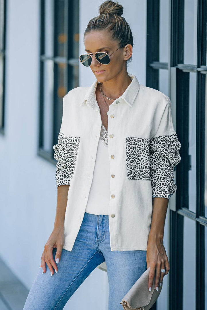 White Contrast Leopard Denim Jacket - Fashion Queen -  10