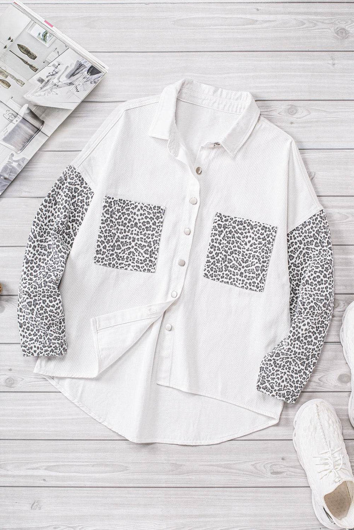 White Contrast Leopard Denim Jacket - Fashion Queen -  12