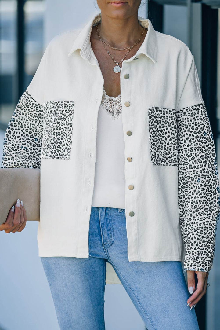 White Contrast Leopard Denim Jacket - Fashion Queen -  3