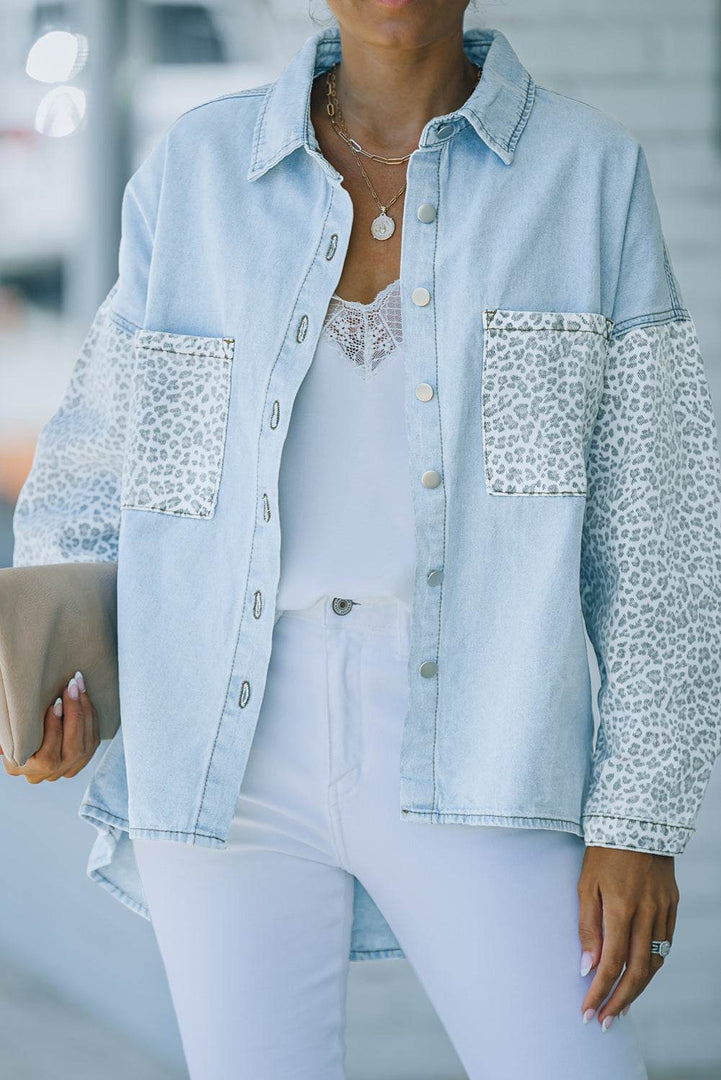 White Contrast Leopard Denim Jacket - Fashion Queen -  6