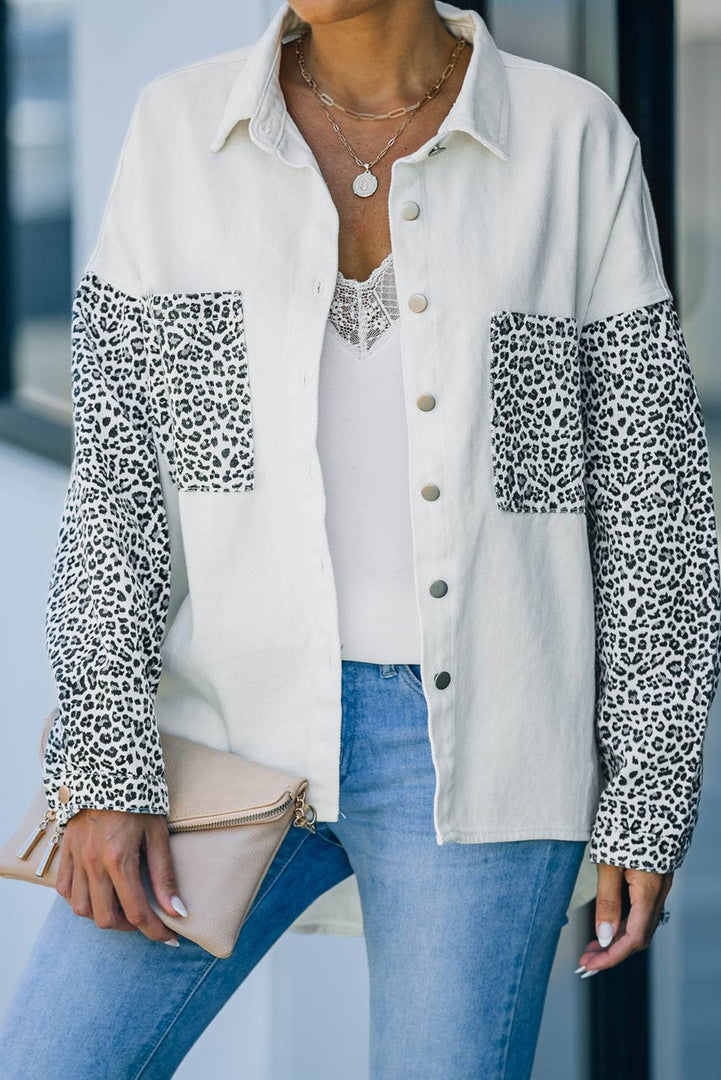 White Contrast Leopard Denim Jacket - Fashion Queen -  8