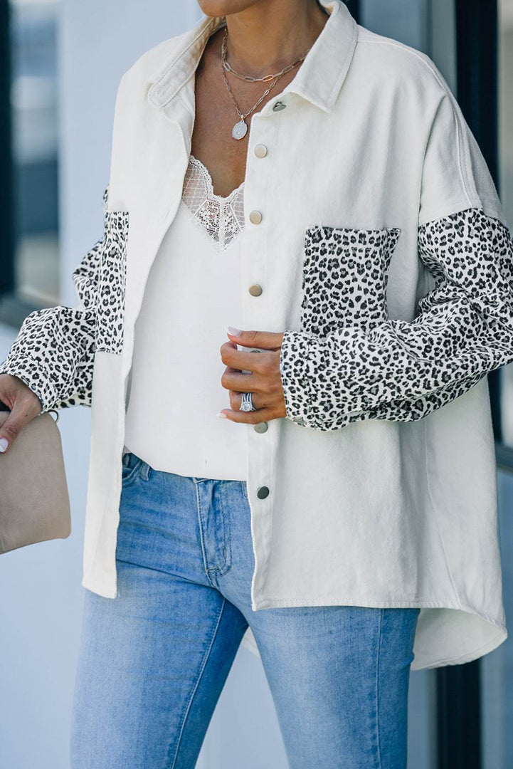 White Contrast Leopard Denim Jacket - Fashion Queen -  9