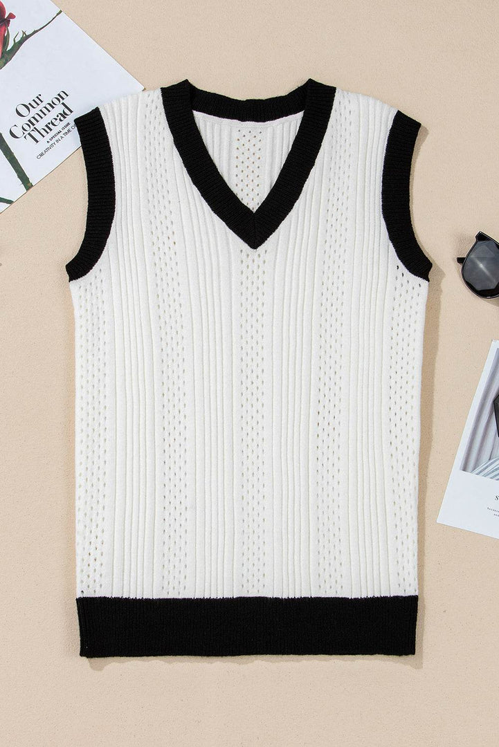 White Contrast Trim Eyelet Knit Colorblock V Neck Sweater Vest - Fashion Queen -  11