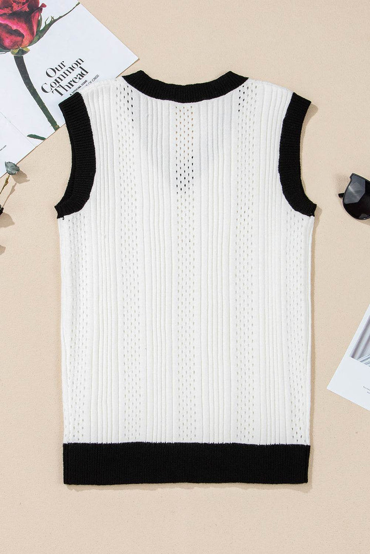 White Contrast Trim Eyelet Knit Colorblock V Neck Sweater Vest - Fashion Queen -  12