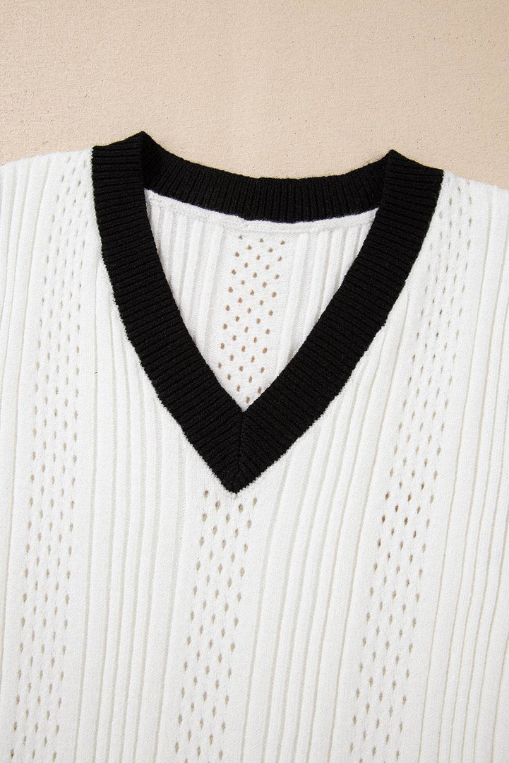 White Contrast Trim Eyelet Knit Colorblock V Neck Sweater Vest - Fashion Queen -  13