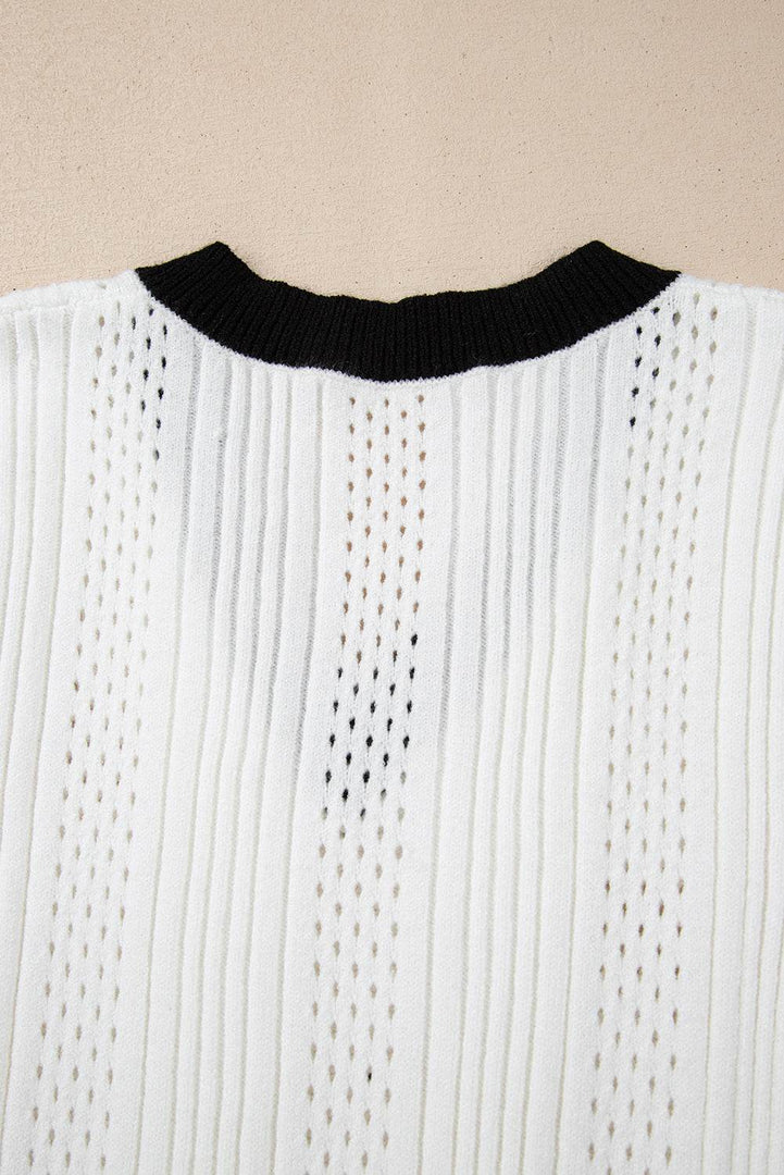 White Contrast Trim Eyelet Knit Colorblock V Neck Sweater Vest - Fashion Queen -  14