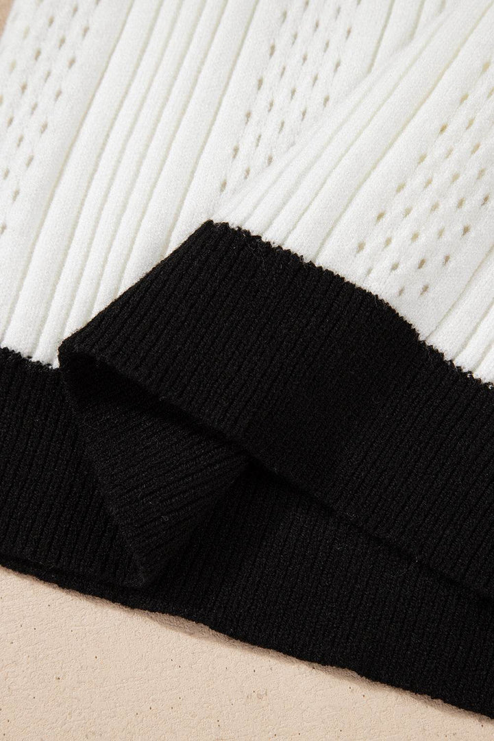 White Contrast Trim Eyelet Knit Colorblock V Neck Sweater Vest - Fashion Queen -  17