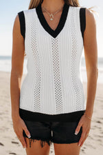Load image into Gallery viewer, White Contrast Trim Eyelet Knit Colorblock V Neck Sweater Vest - Fashion Queen -  7
