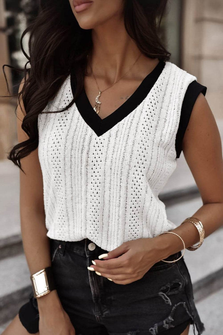 White Contrast Trim Eyelet Knit Colorblock V Neck Sweater Vest - Fashion Queen -  8