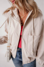 Load image into Gallery viewer, White Corduroy Drawstring Hooded Pocket Zip Up Jacket - Fashion Queen -  1
