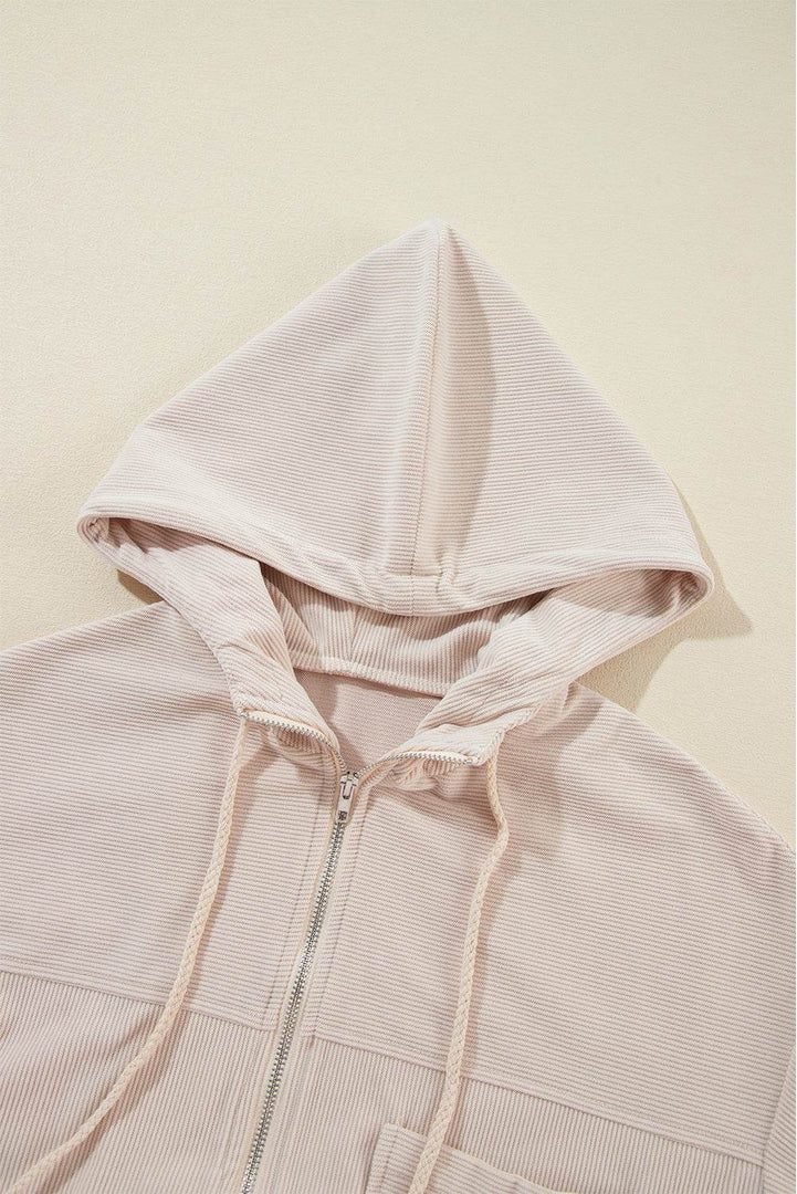 White Corduroy Drawstring Hooded Pocket Zip Up Jacket - Fashion Queen -  10