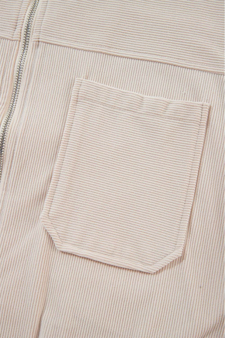 White Corduroy Drawstring Hooded Pocket Zip Up Jacket - Fashion Queen -  14